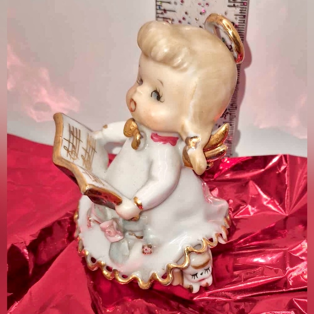 Vintage Christmas ‘Naughty Angel’ Figurine Bell Girl Caroler w/ Puppy MCM Lefton